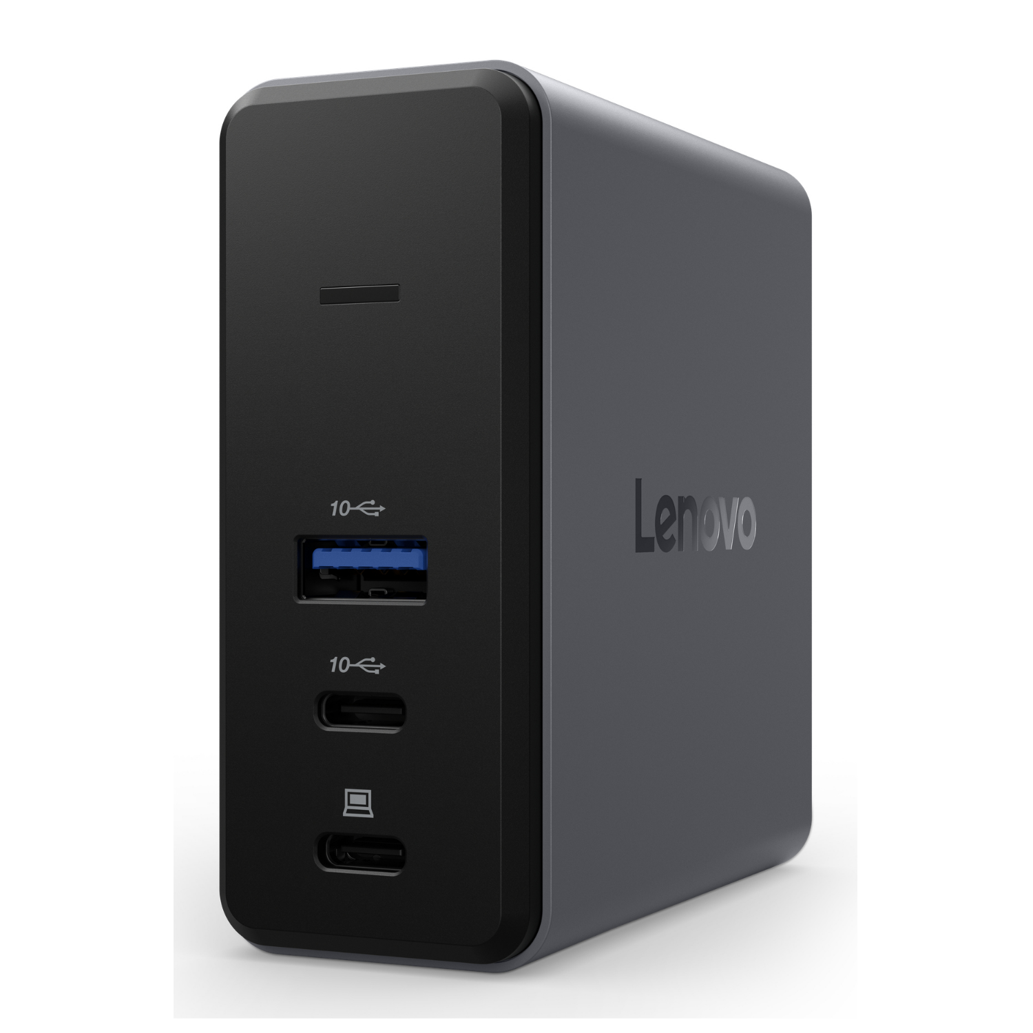 Grauer Lenovo Adapter mit USB-A und USB-C Anschlüssen.