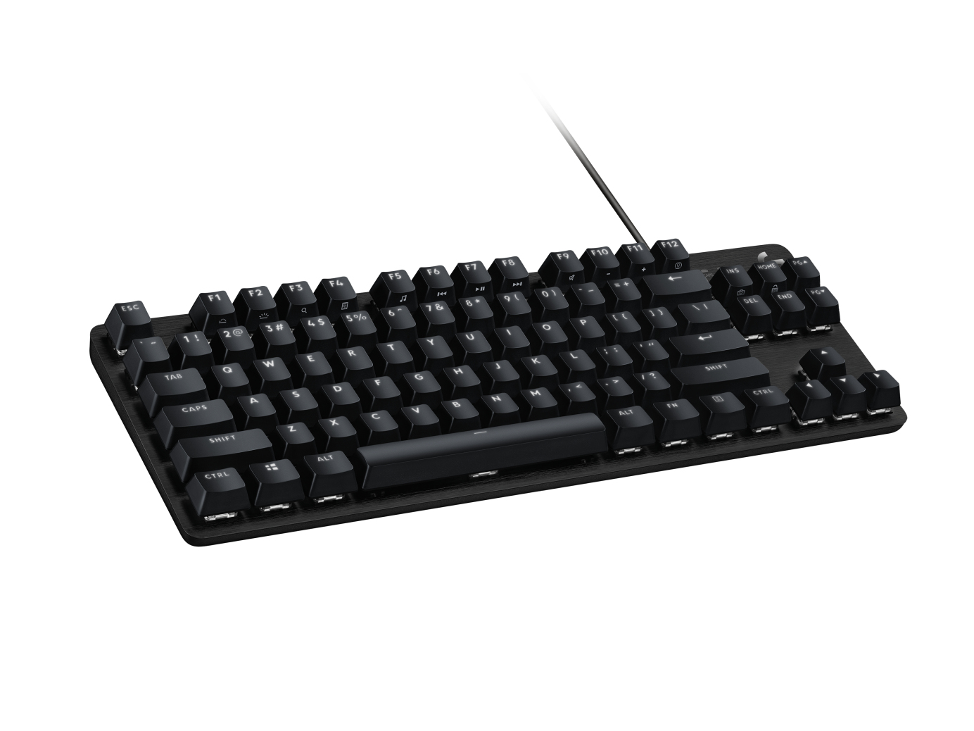 Un teclado mecánico negro con cable sobre fondo blanco.