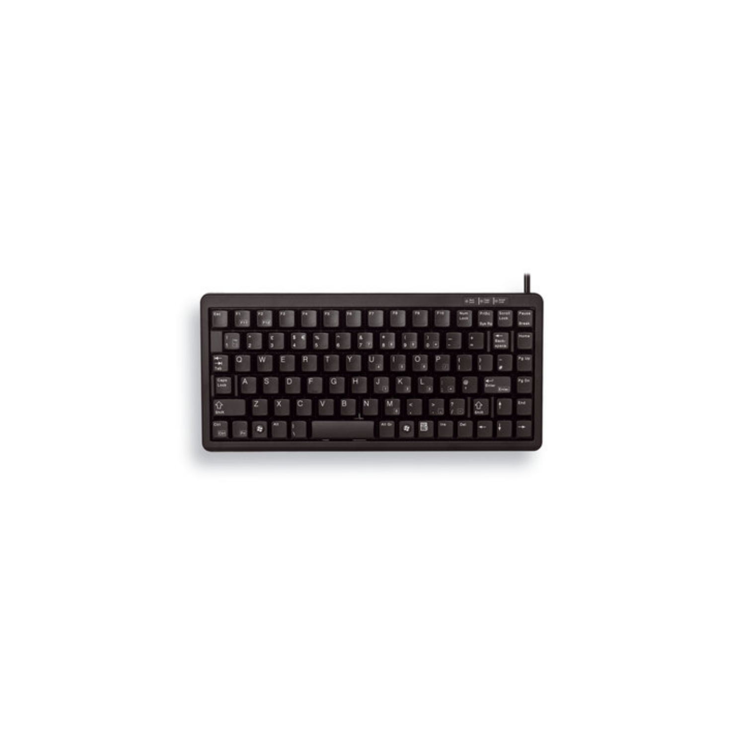 Una tastiera nera e compatta con layout QWERTZ è isolata su sfondo bianco.