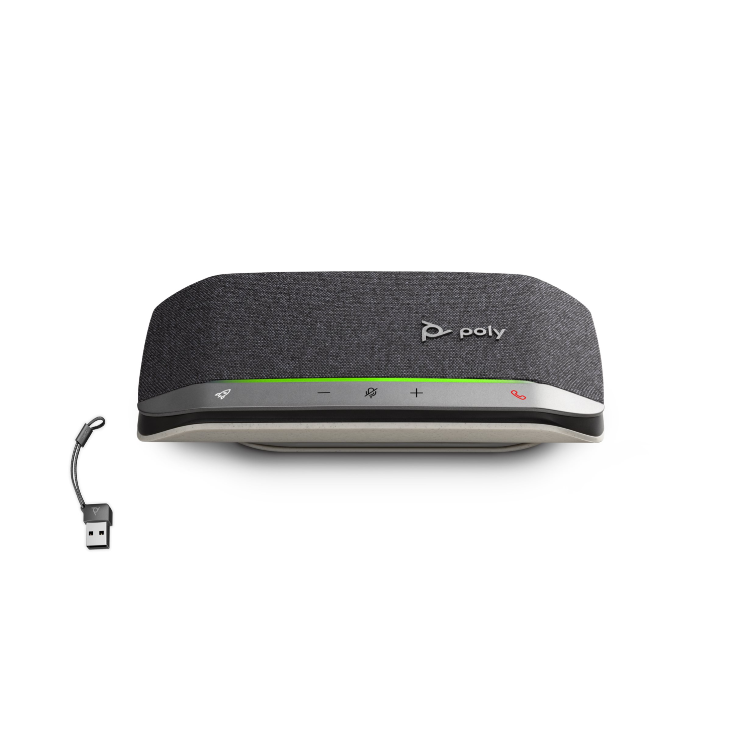 Un dispositivo conference Poly grigio con dongle USB e controlli touch.