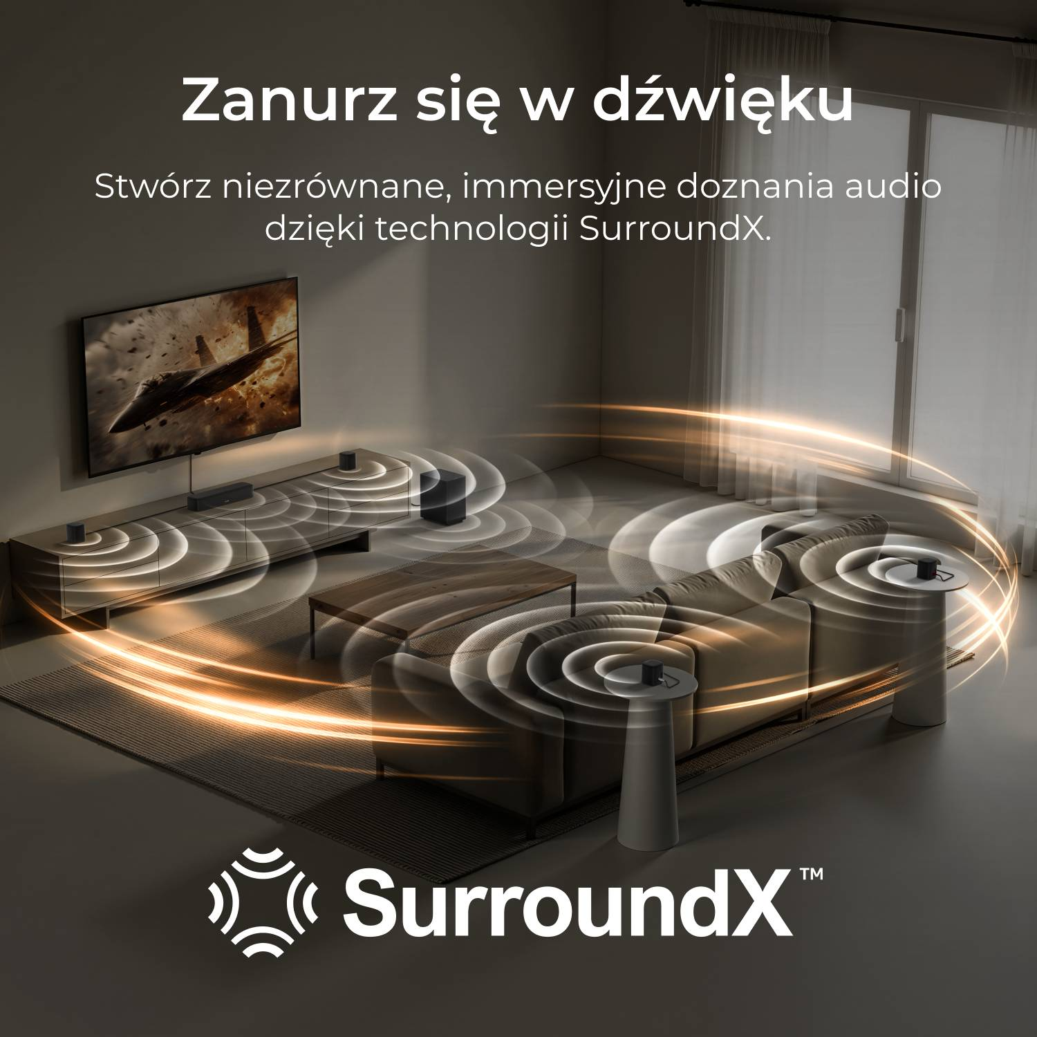 Salon z telewizorem, sofą i głośnikami SurroundX, pokazujący fale dźwiękowe.