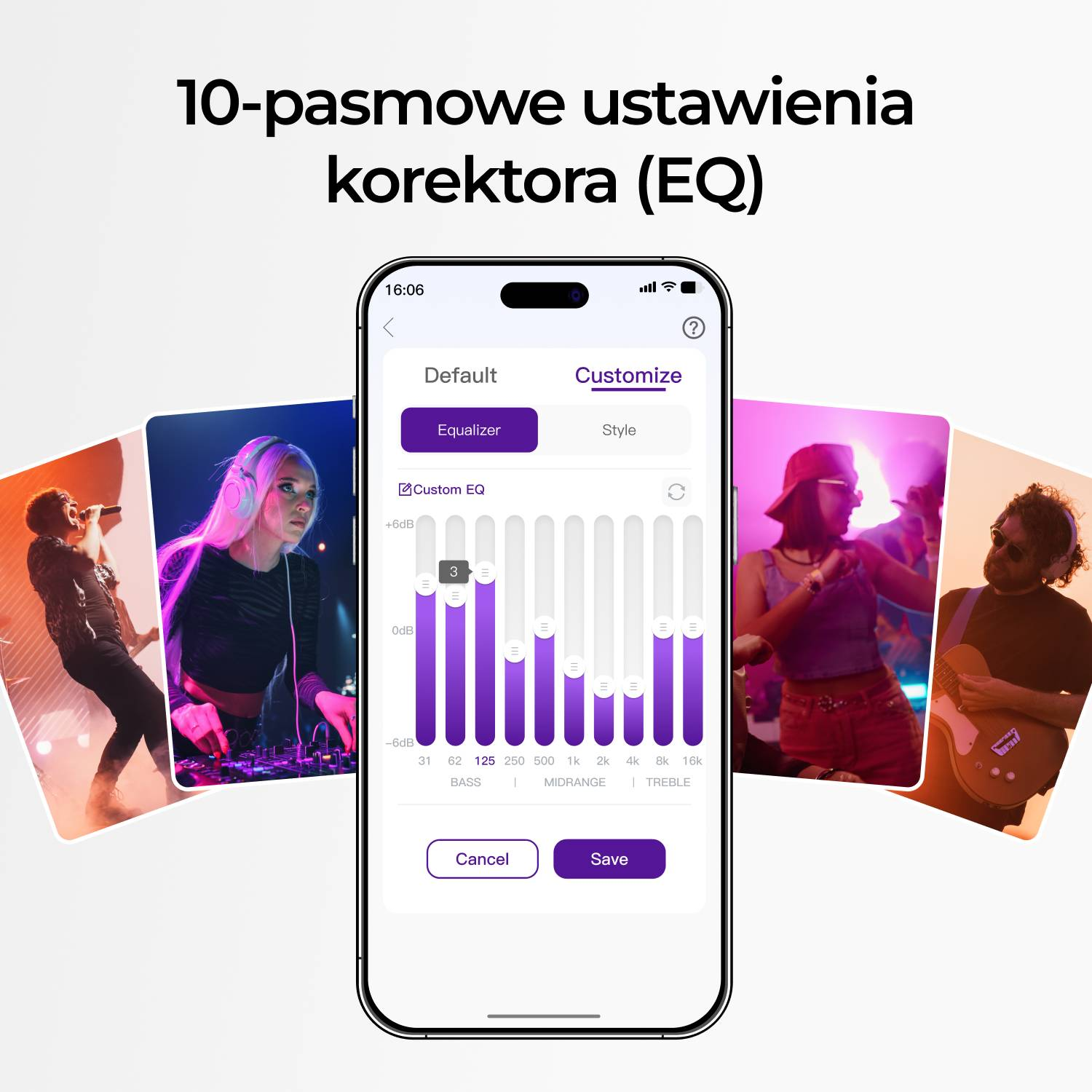 Smartfon wyświetla ustawienia korektora z muzykami w tle.
