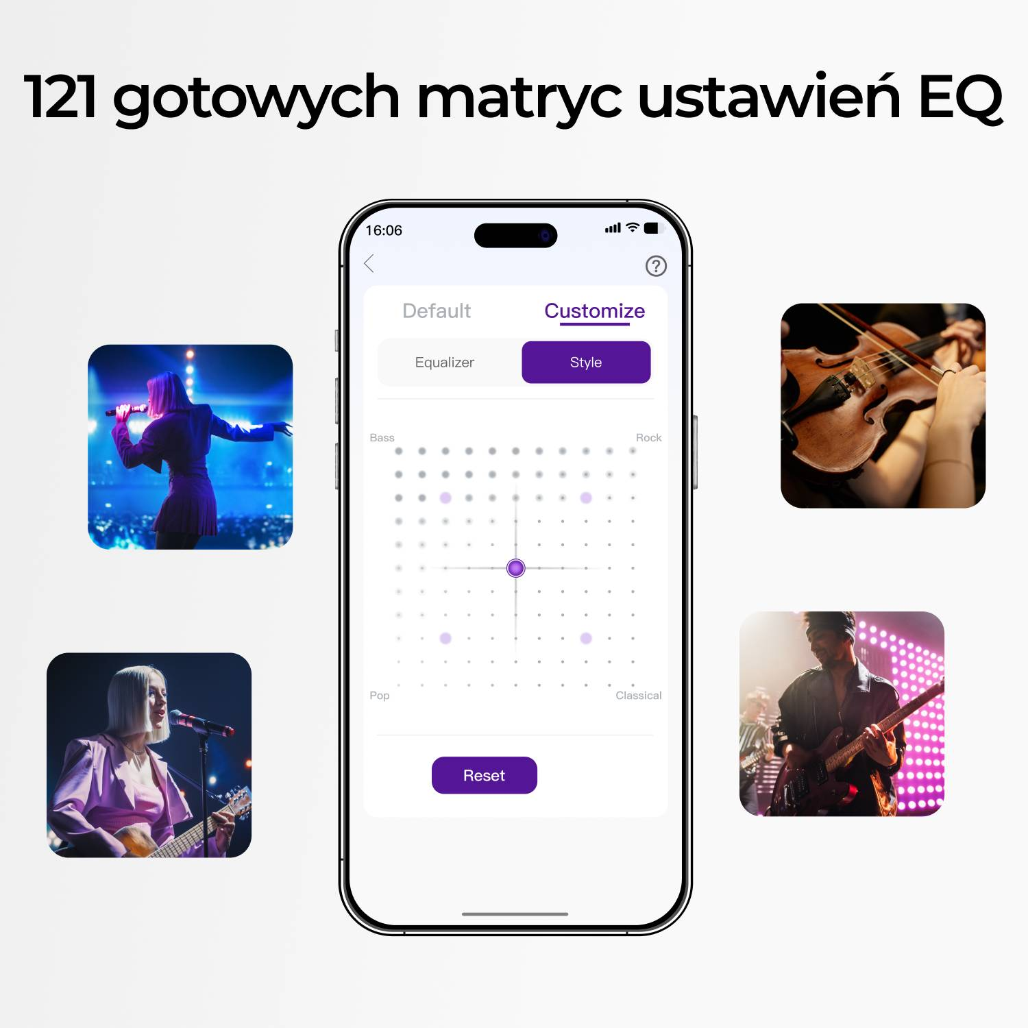 Smartfon wyświetla ustawienia korektora z obrazami muzyków i skrzypaczki.