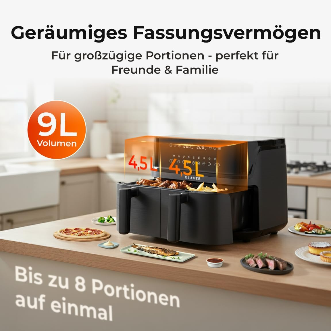 Ein schwarzer Doppel-Heißluftfritteuse mit Lebensmitteln und einem 9L Volumen.