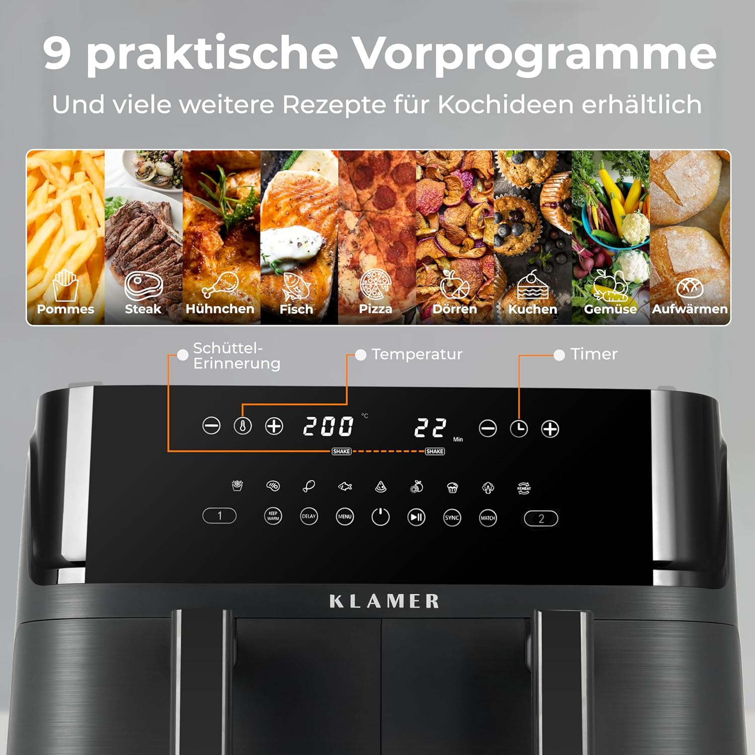 Airfryer mit Touchscreen, zeigt Kochprogramme: Pommes, Steak, Fisch, Pizza.