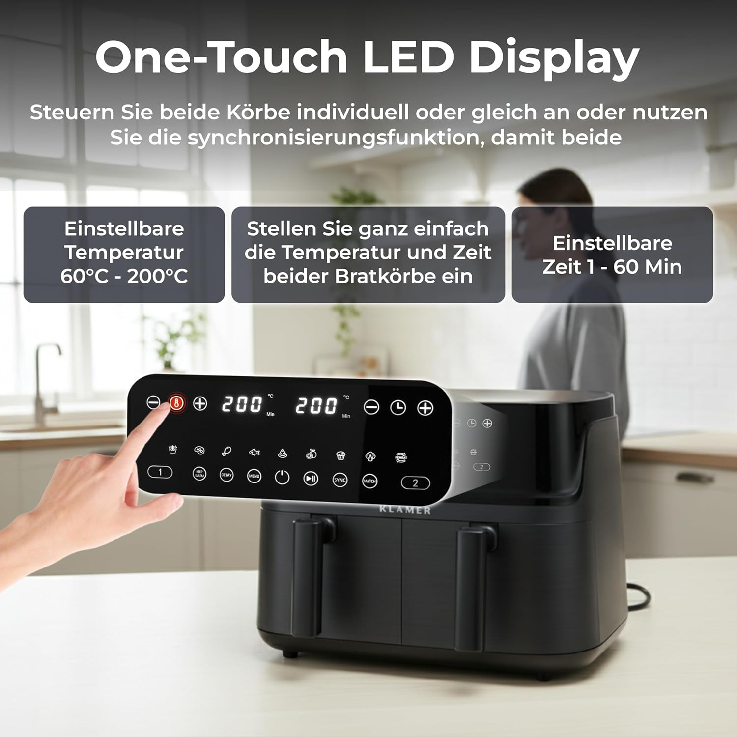 Ein schwarzer Heißluftfritteusen-Doppelkorb mit Bedienfeld und Touchscreen.