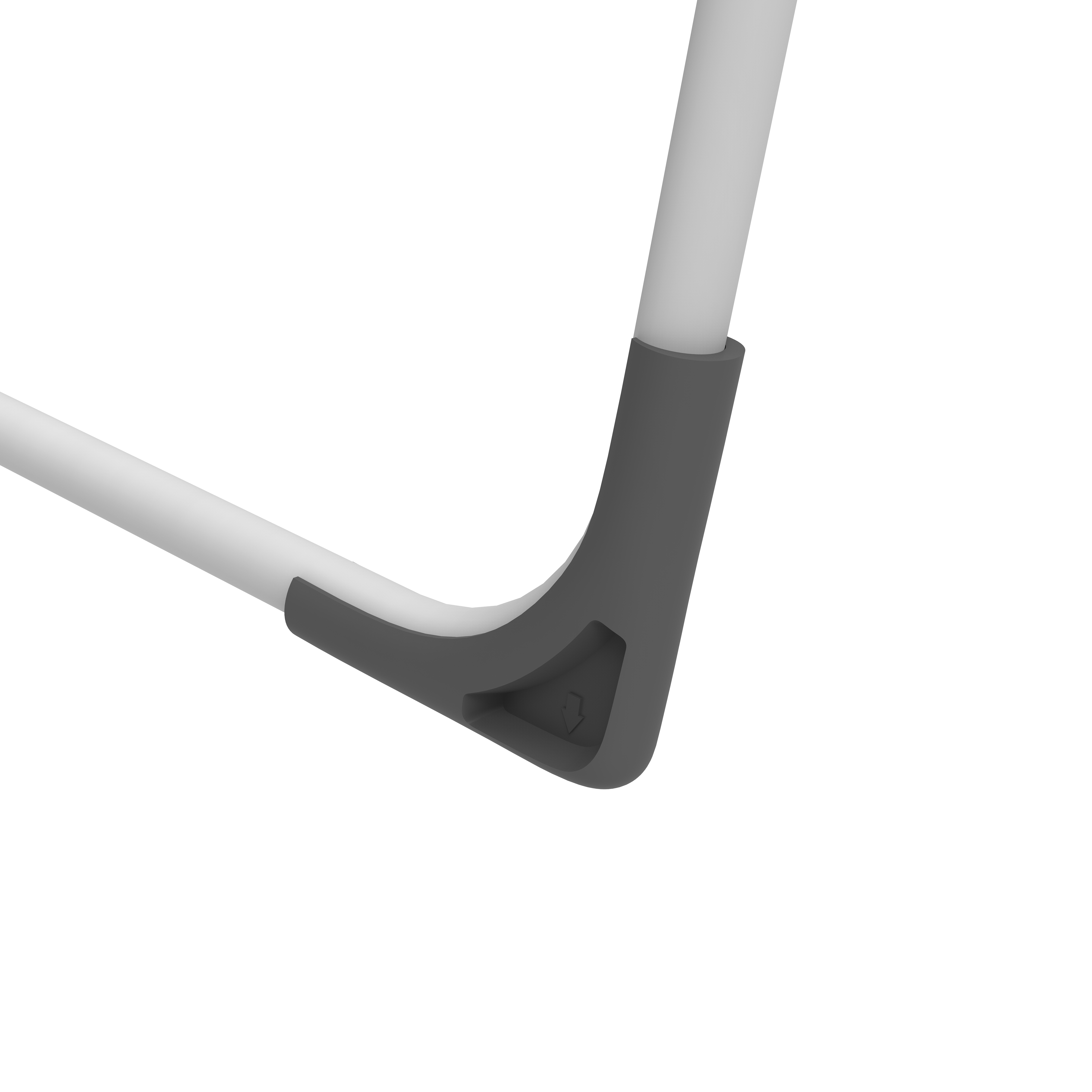 Close-up of a grey corner with arrow marking, connected to white tubes.