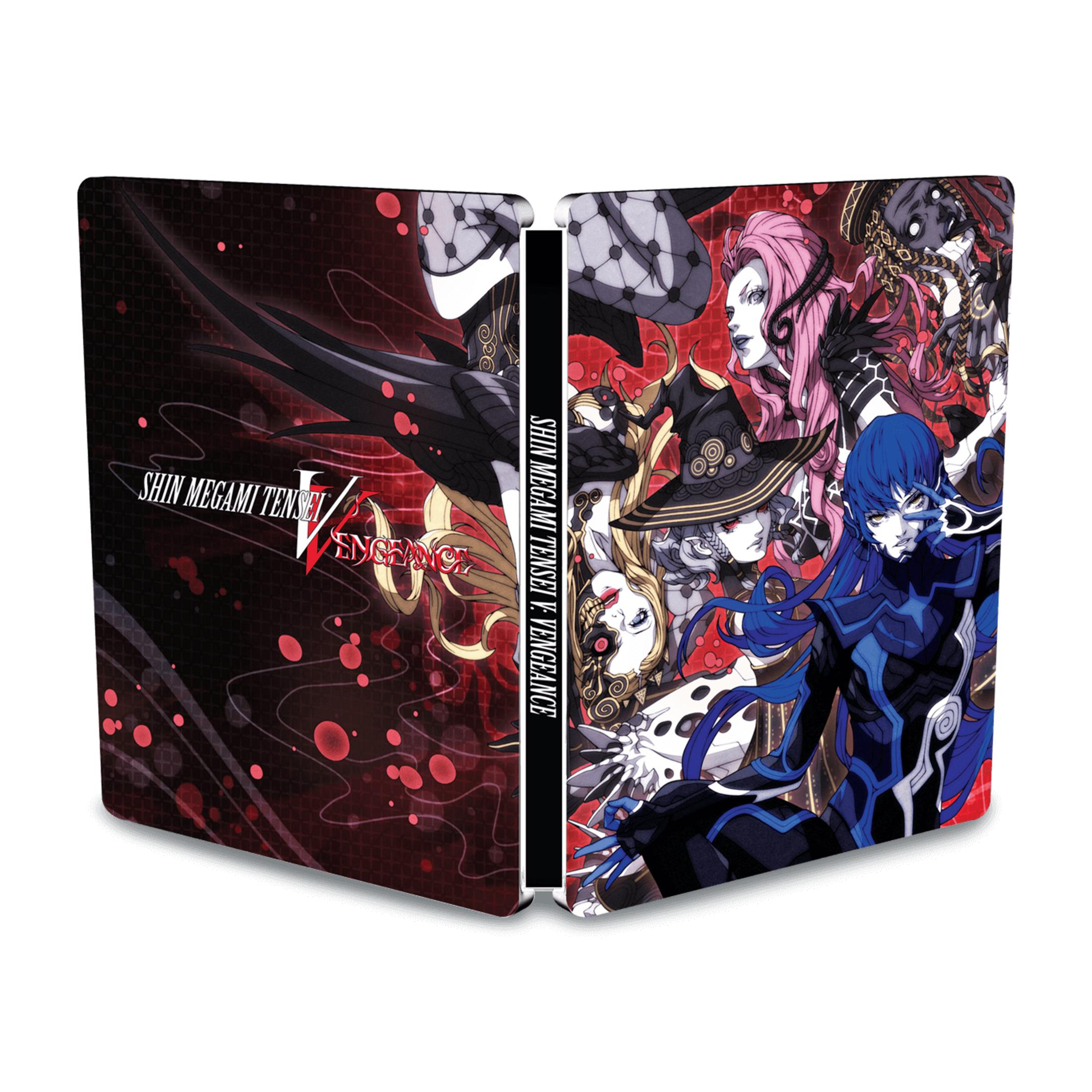 Shin Megami Tensei V: Vengeance SteelBook mit Anime-Charakteren und rotem Hintergrund.