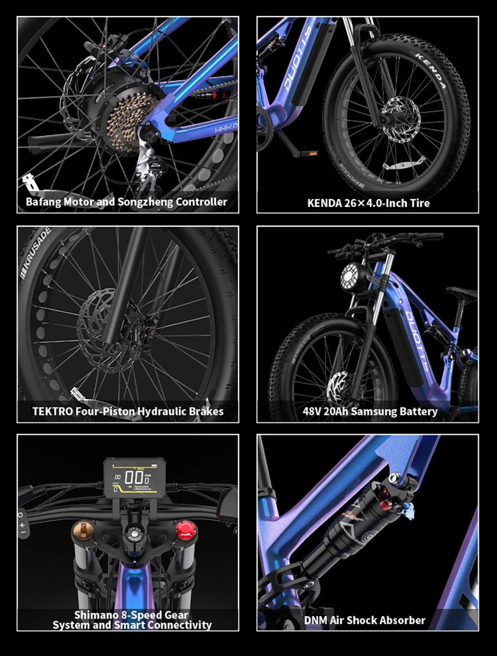 Vista posteriore di una e-bike blu con motore Bafang e cassetta.