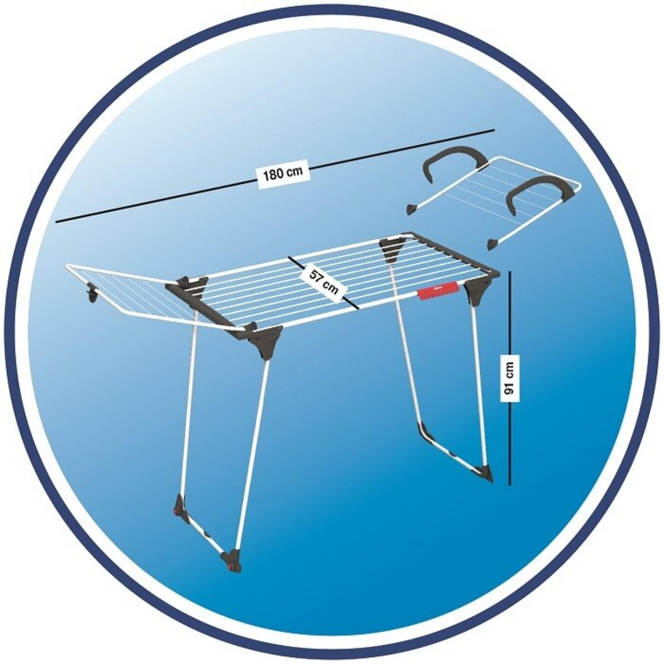 Składany metalowy stojak do suszenia z wymiarami.