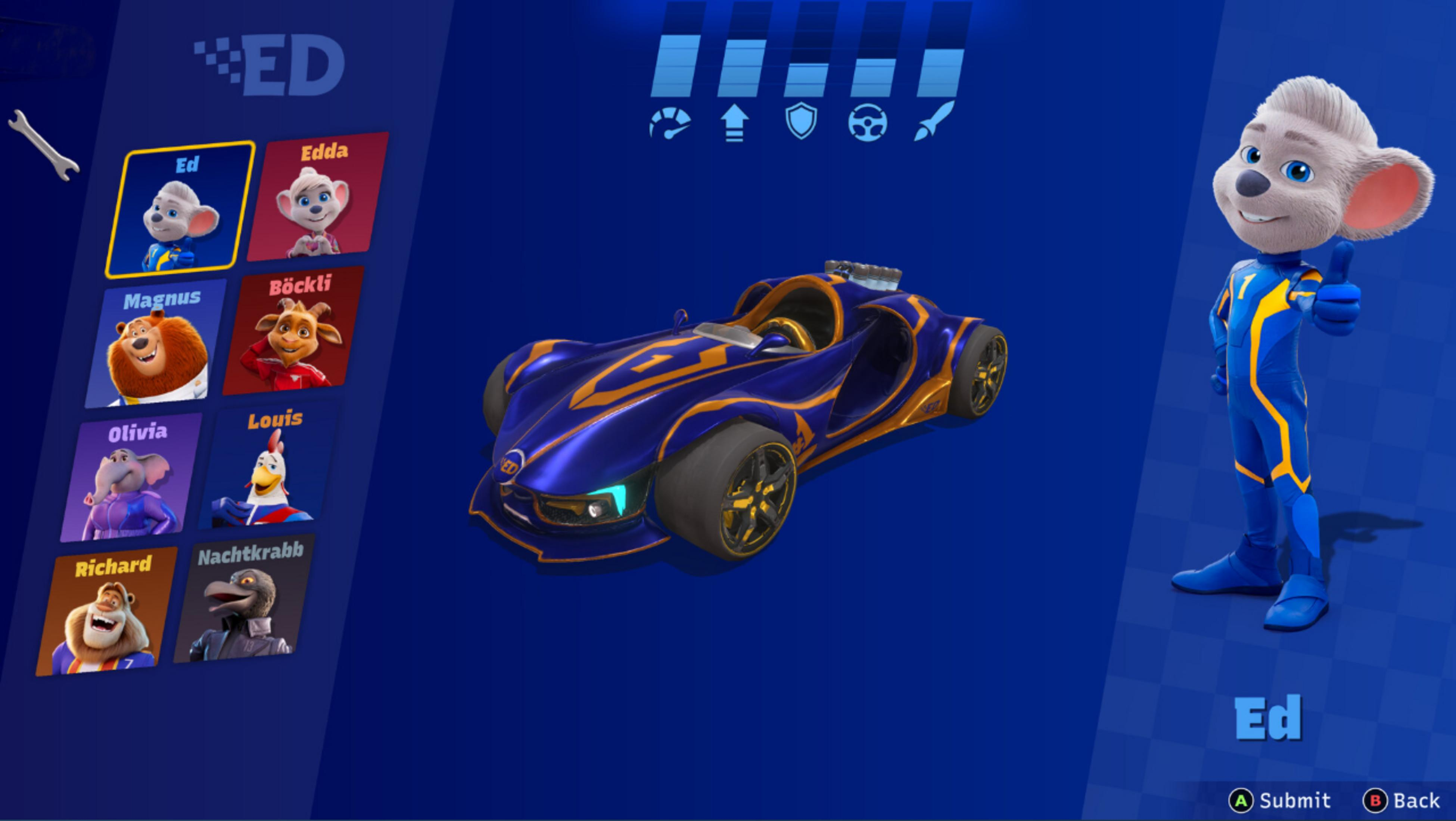 Ein blau-goldenes Rennauto mit Charakterauswahl.