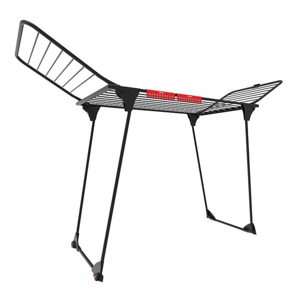 Czarny stojak na pranie ze składanymi skrzydłami i czerwonymi akcentami.