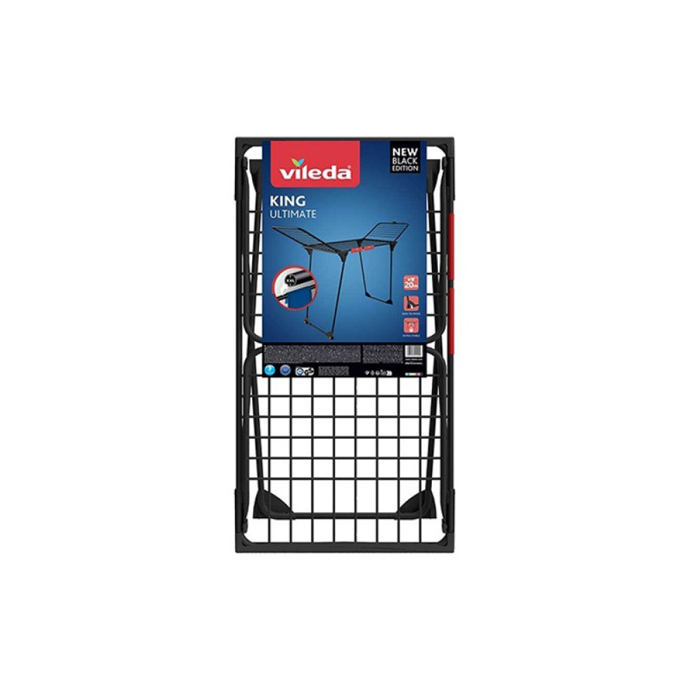 Czarny stojak na pranie Vileda King Ultimate z etykietą "New Black Edition".