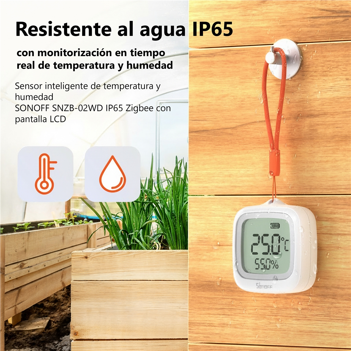 Biały cyfrowy termometr z pomarańczowym paskiem wisi na drewnianej ścianie.