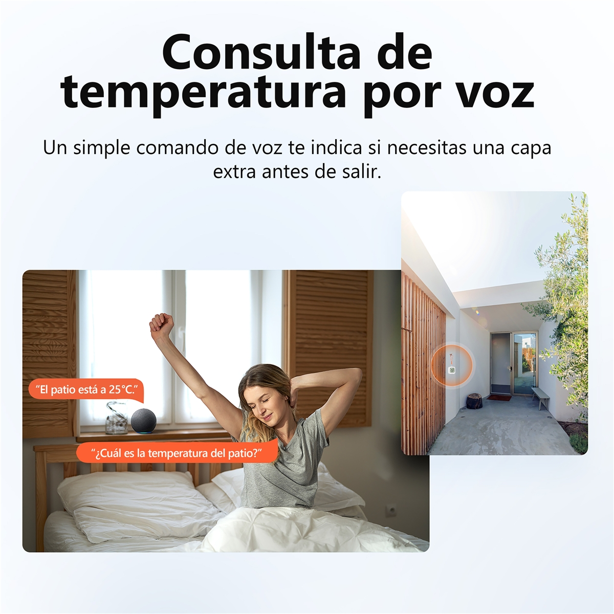 Kobieta w łóżku pyta o temperaturę zewnętrzną; głośnik inteligentny odpowiada.