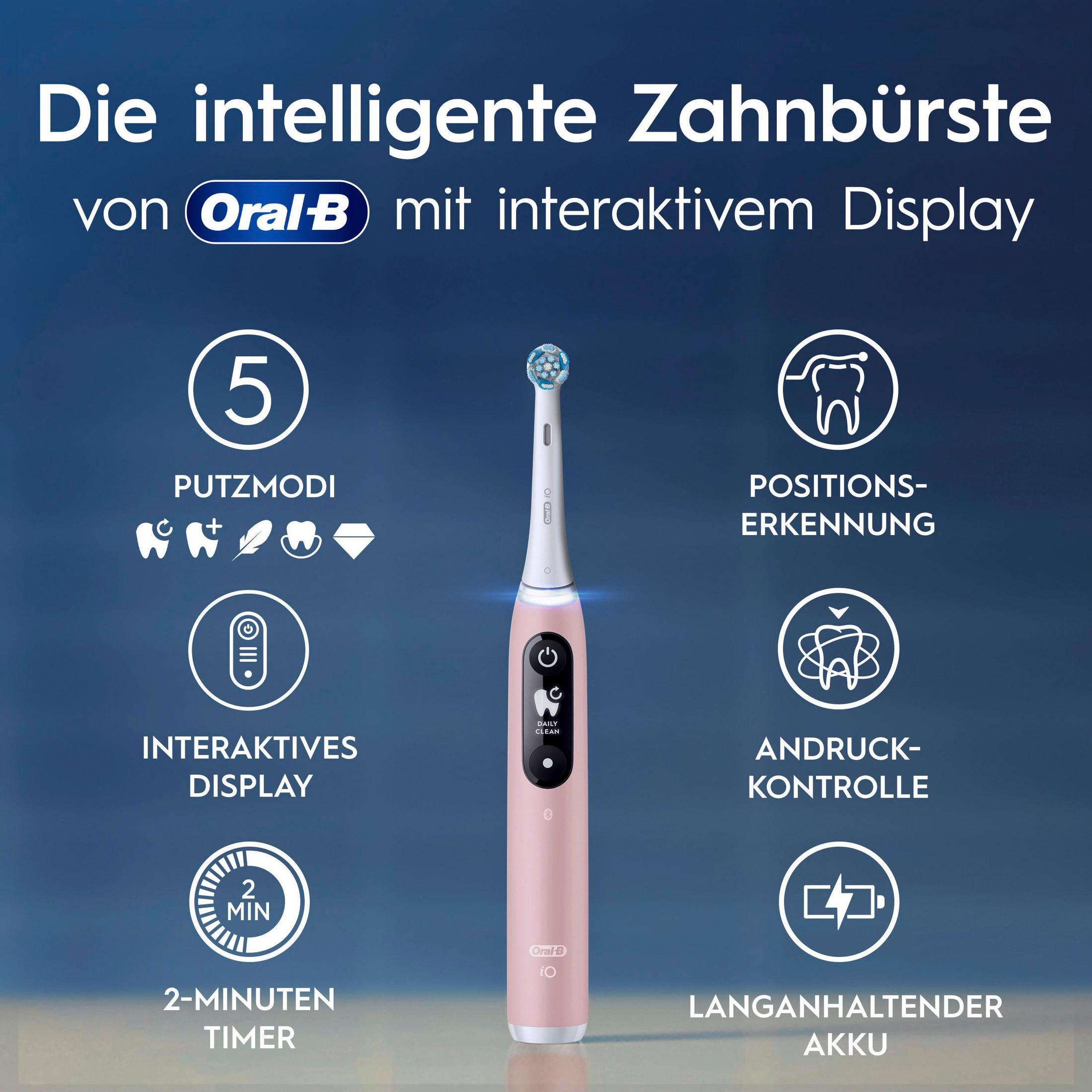 Różowa szczoteczka Oral-B iO z wyświetlaczem i ikonami trybów, timera i baterii.