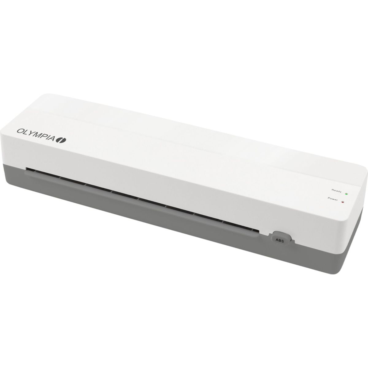 Ein weißer Olympia-Laminator mit grauer Basis und ABS-Schalter.