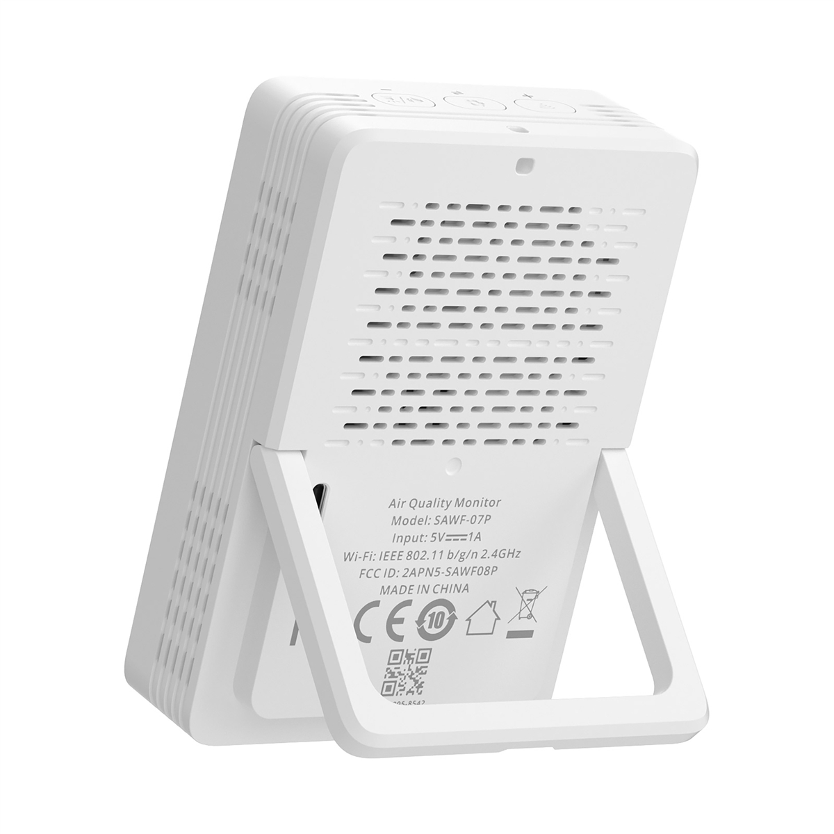 Parte trasera de un monitor de calidad del aire blanco con rejillas y soporte.