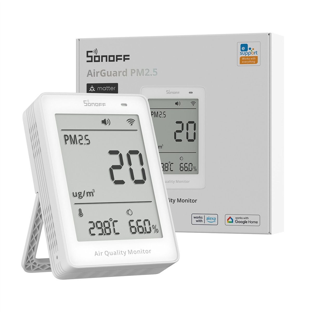 Monitor de calidad del aire Sonoff AirGuard PM2.5 blanco con pantalla digital.