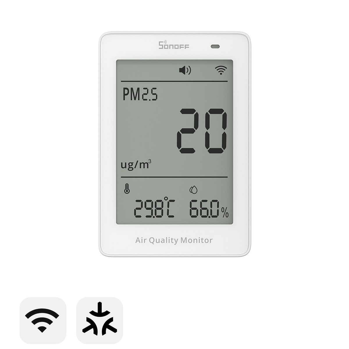 Monitor de calidad del aire blanco muestra PM2,5 20 ug/m³, temp 29.8°C, humedad 66%.