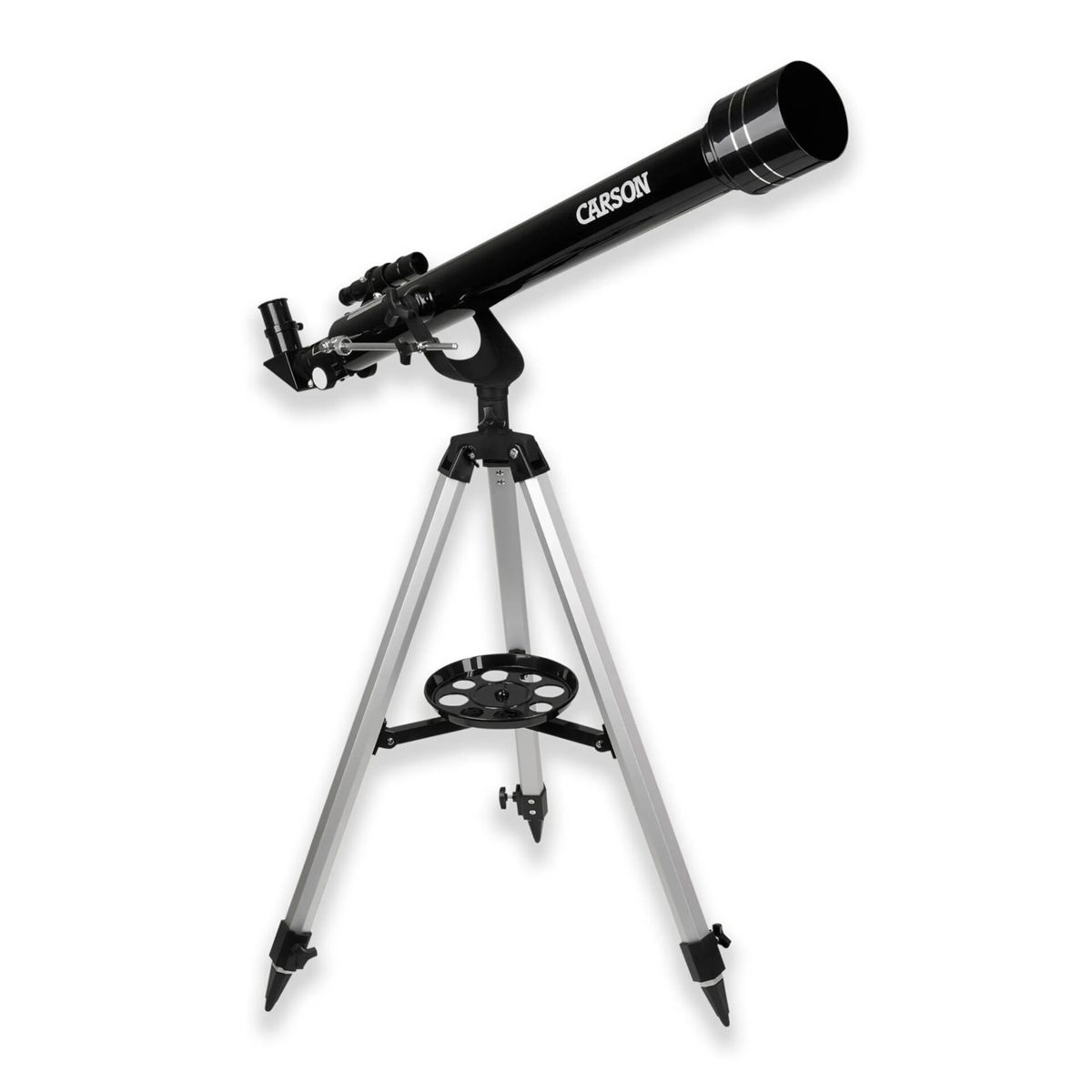 Un telescopio nero con treppiede argentato su sfondo bianco.