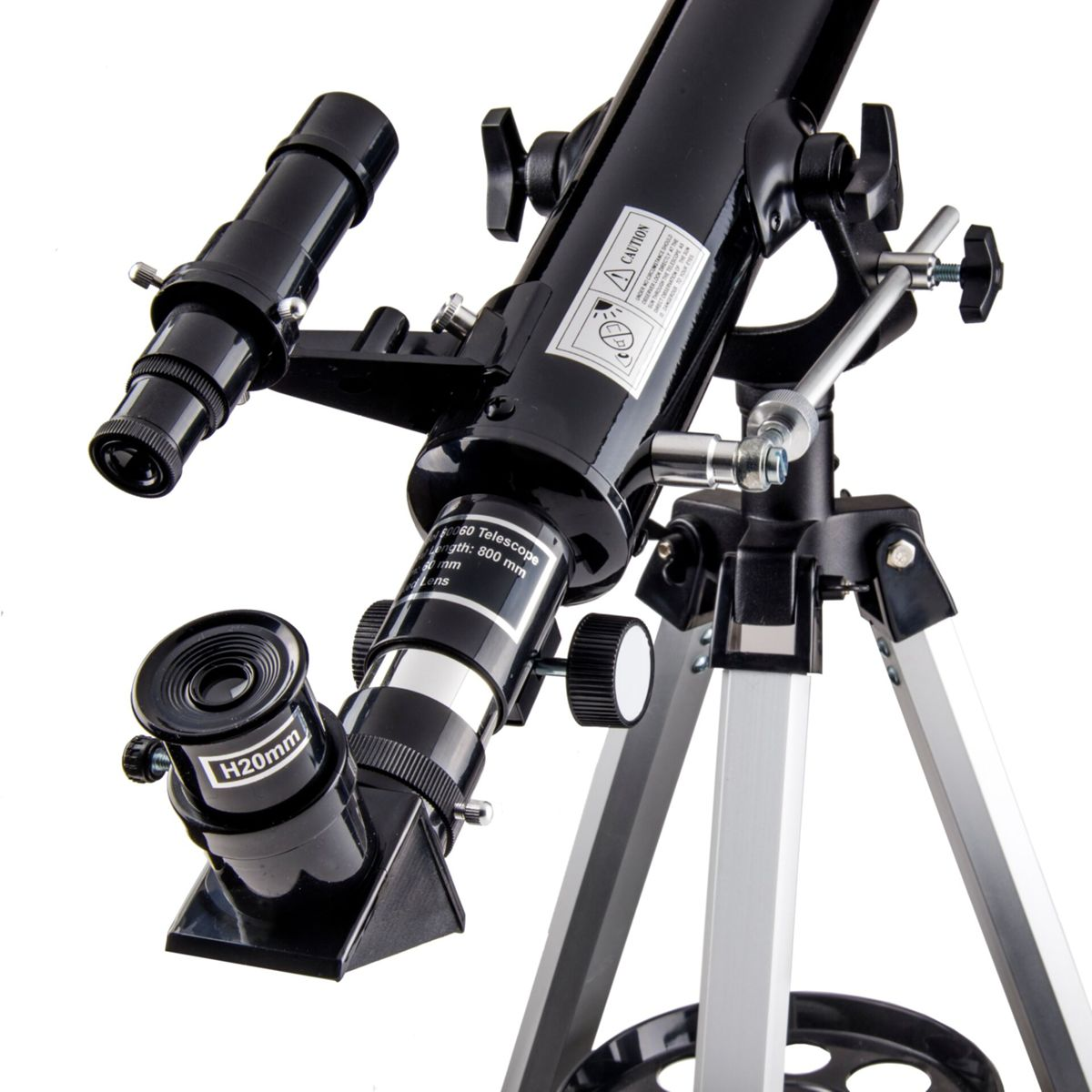 Un telescopio nero su un treppiede con gambe argentate.