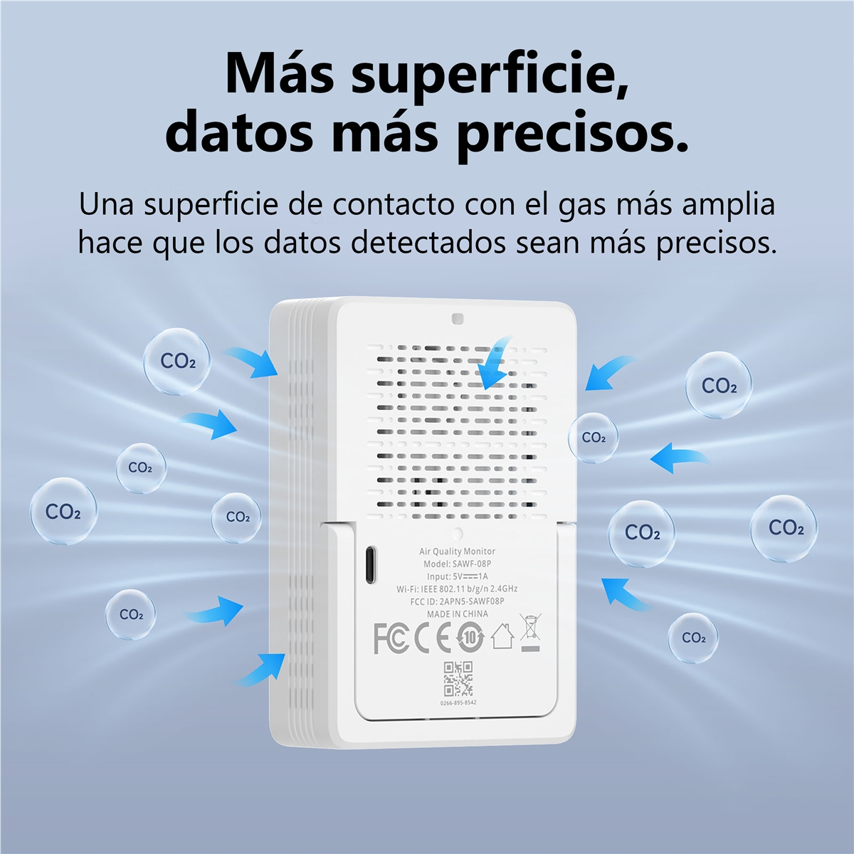 Un monitor de calidad del aire blanco con iconos de CO2 y flechas apuntando hacia él.