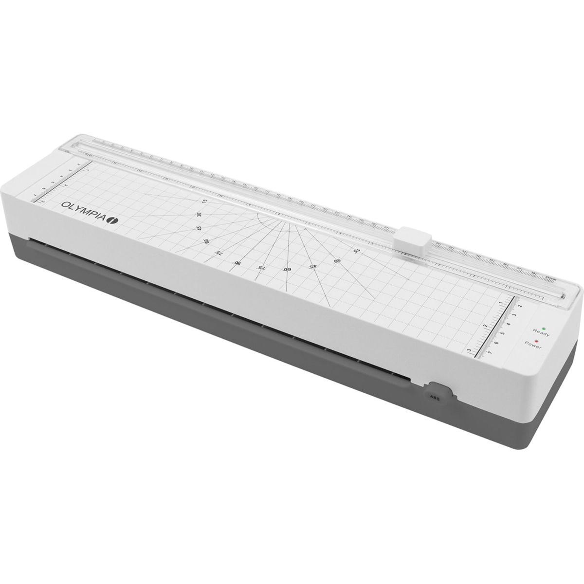 Ein weißer Papier Schneider mit grauer Basis und Lineal.