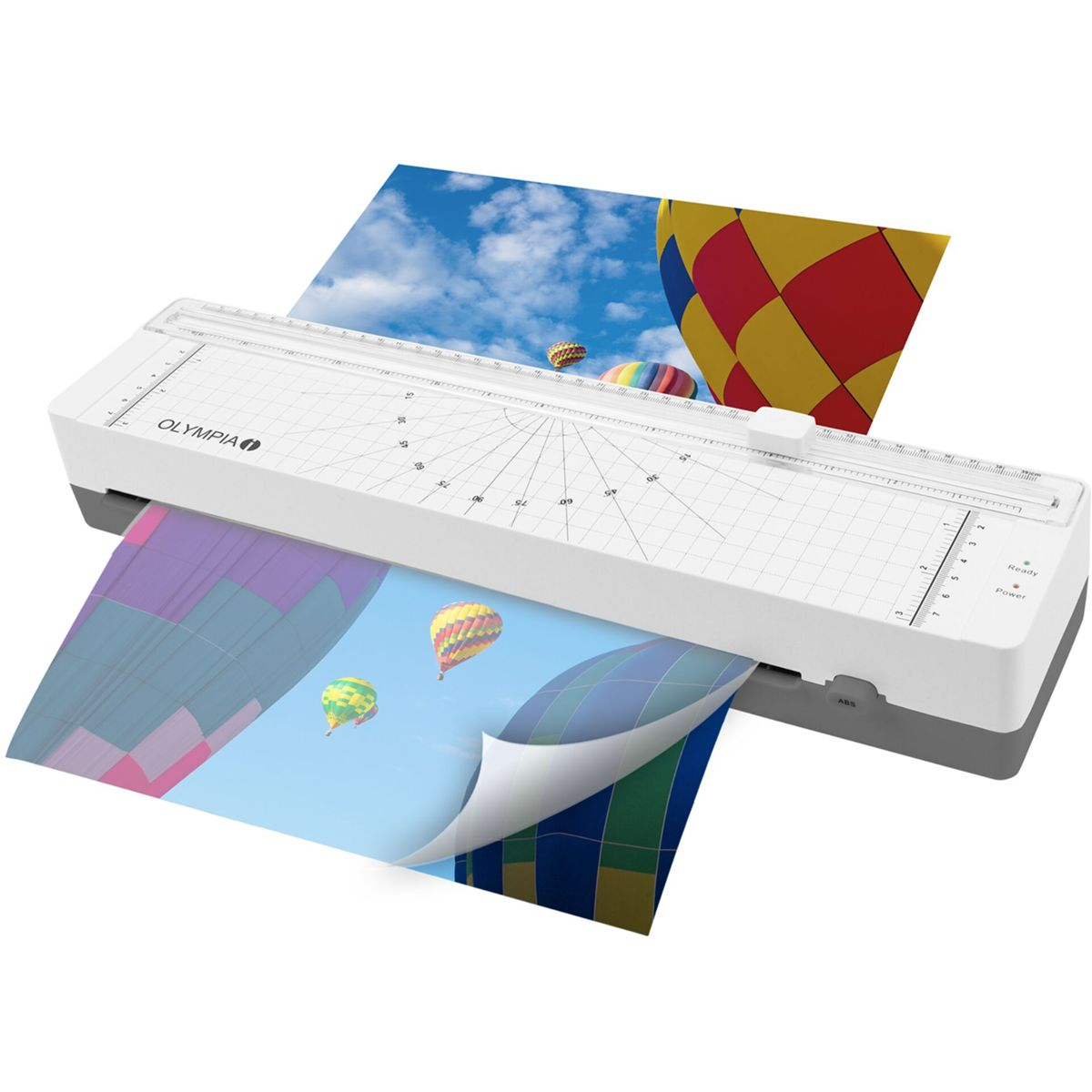 Olympia-Laminator mit Heißluftballons auf Papier, vor blauem Himmel.