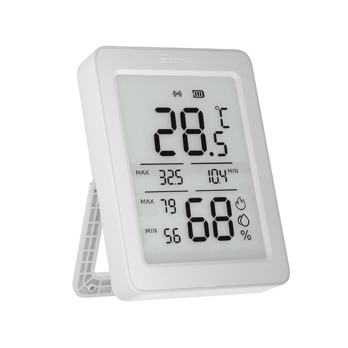 Un termómetro/higrómetro digital blanco muestra 28,5°C, máx. 32,5°C, mín. 10,4°C, máx. 79%, mín. 56%.