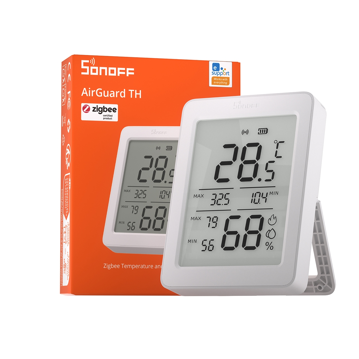 Un termómetro/higrómetro Sonoff AirGuard TH blanco junto a su caja naranja.