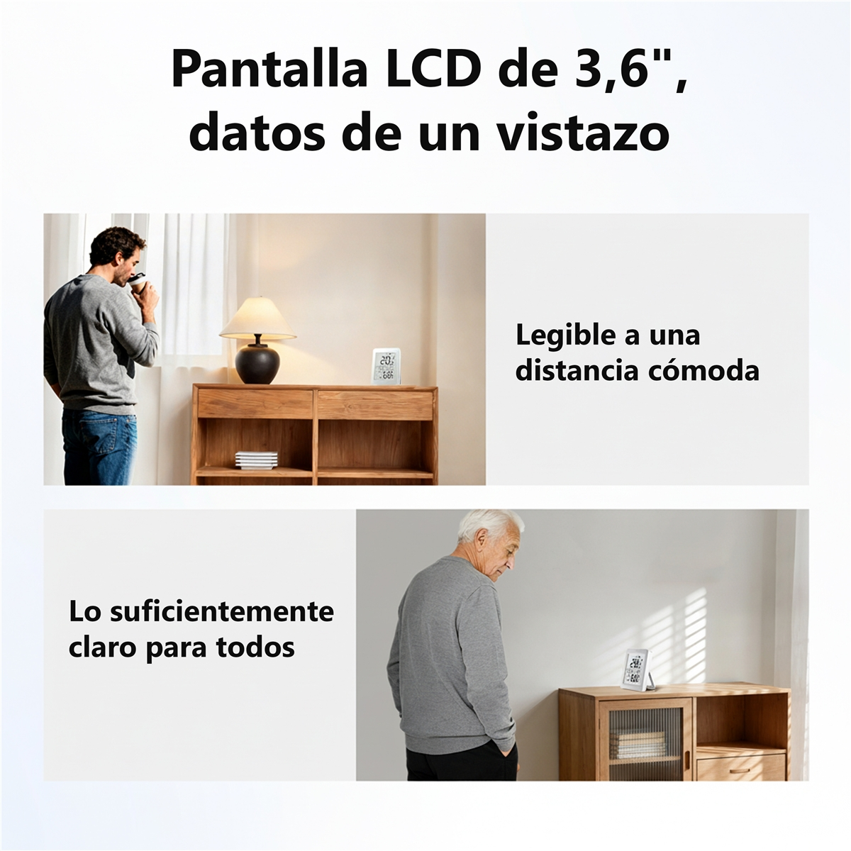 Hombre bebiendo, pantalla muestra 20 grados. Hombre mayor cerca.