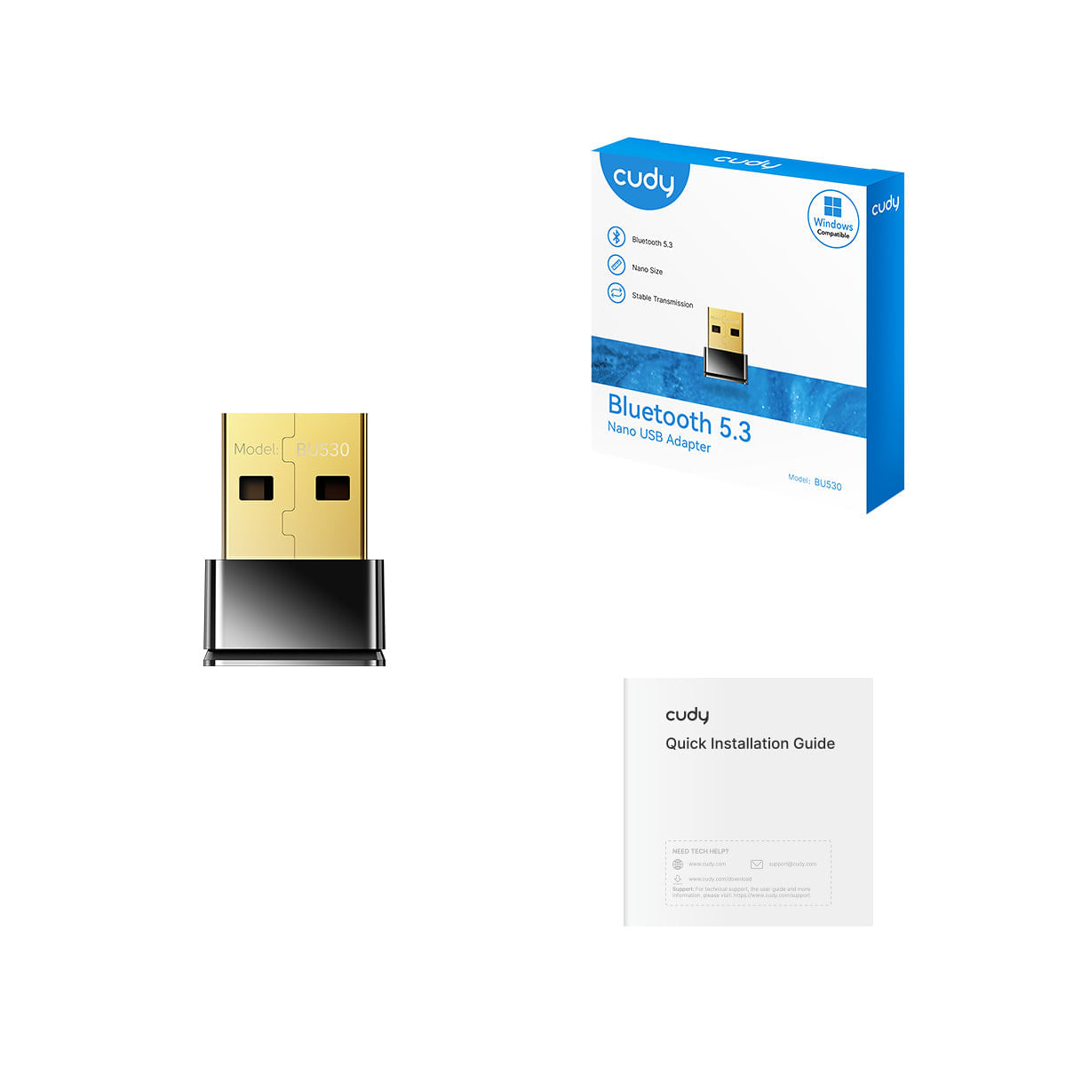 Złoty adapter USB Nano Bluetooth 5.3 Cudy i jego opakowanie.
