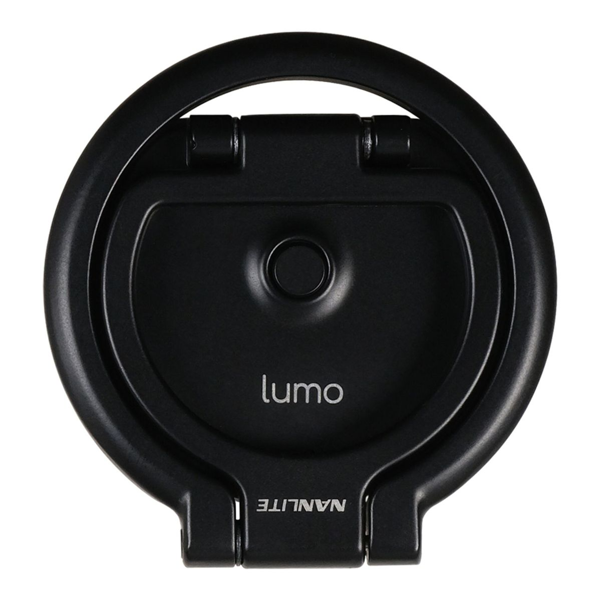 Poignée ronde noire avec logos 'lumo' et 'NANLITE'.
