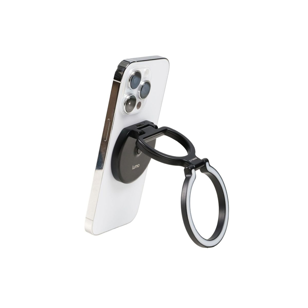Un smartphone blanc avec un support d'anneau lumineux noir au dos.