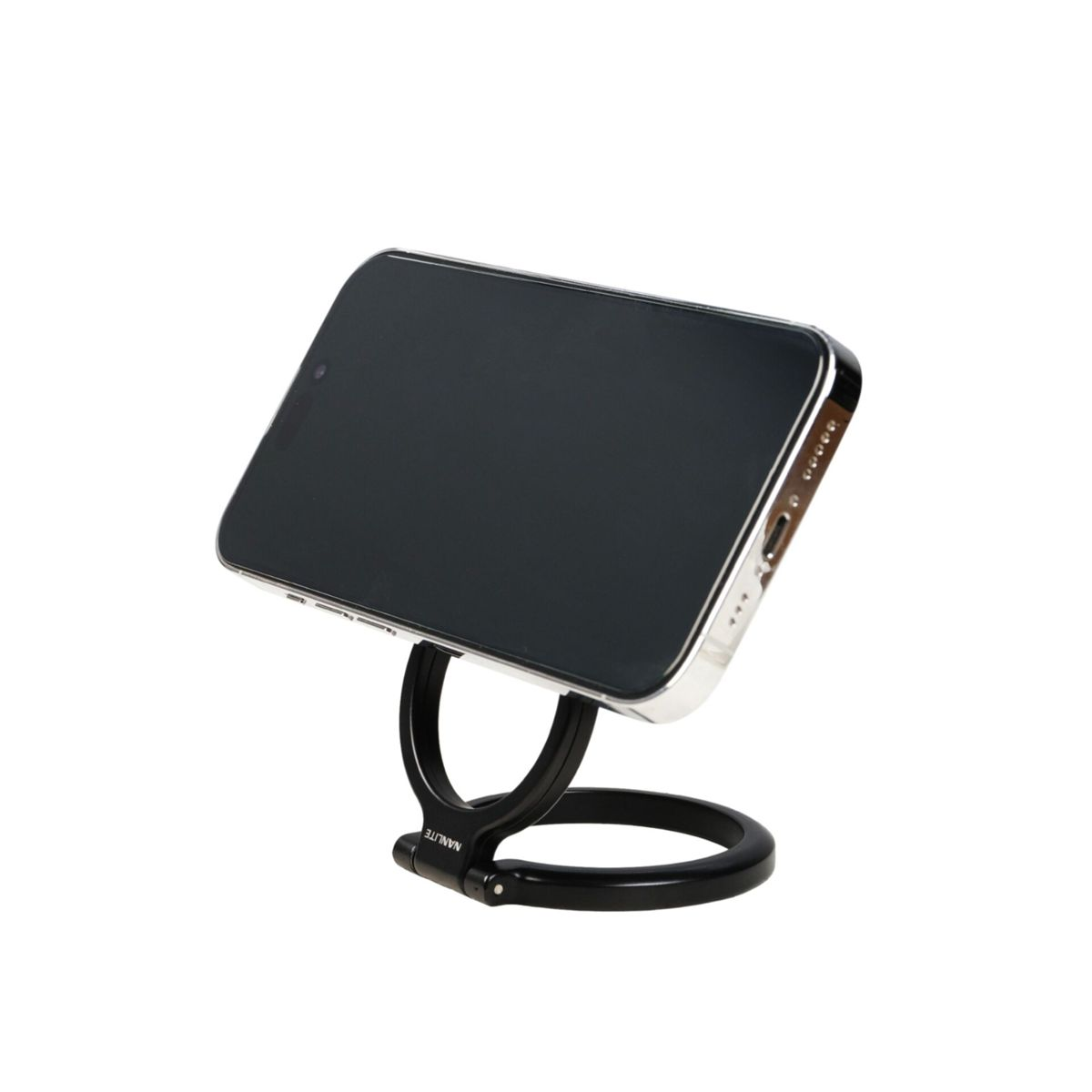 Un support de téléphone noir avec un smartphone dessus, sur fond blanc.