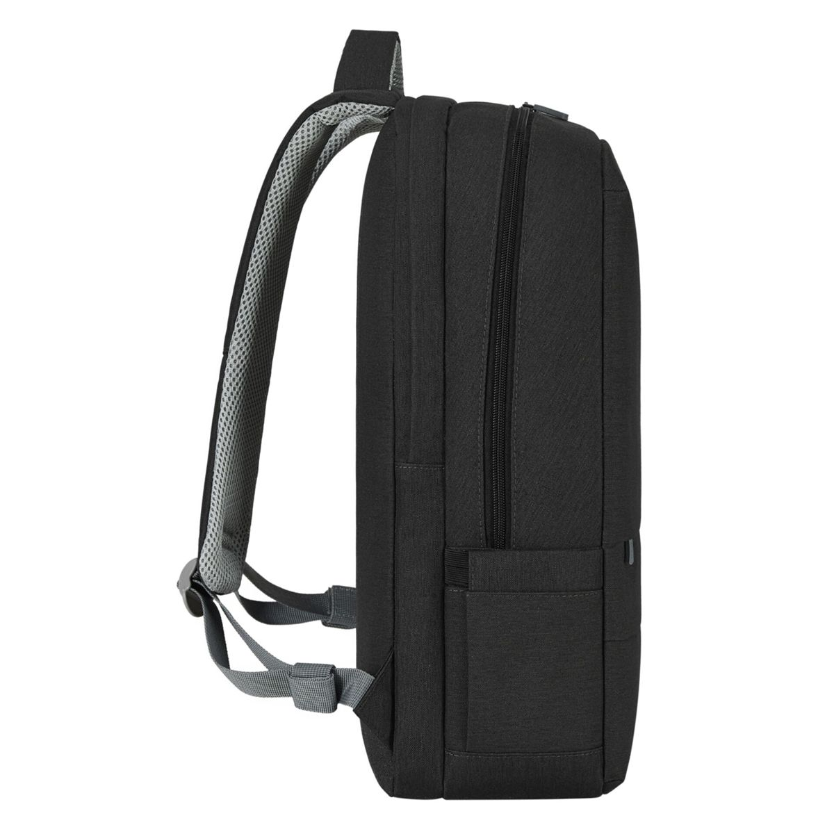 Zaino nero con spalline grigie e cerniera su sfondo bianco.