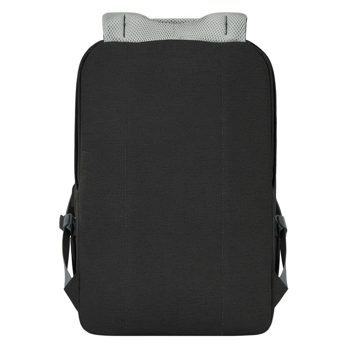 Zaino nero con spallacci grigi e schienale in rete.