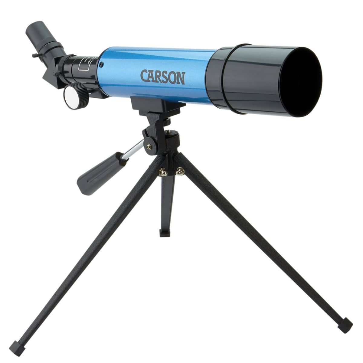 Ein blauer Carson Teleskop auf einem schwarzen Dreibeinstativ.
