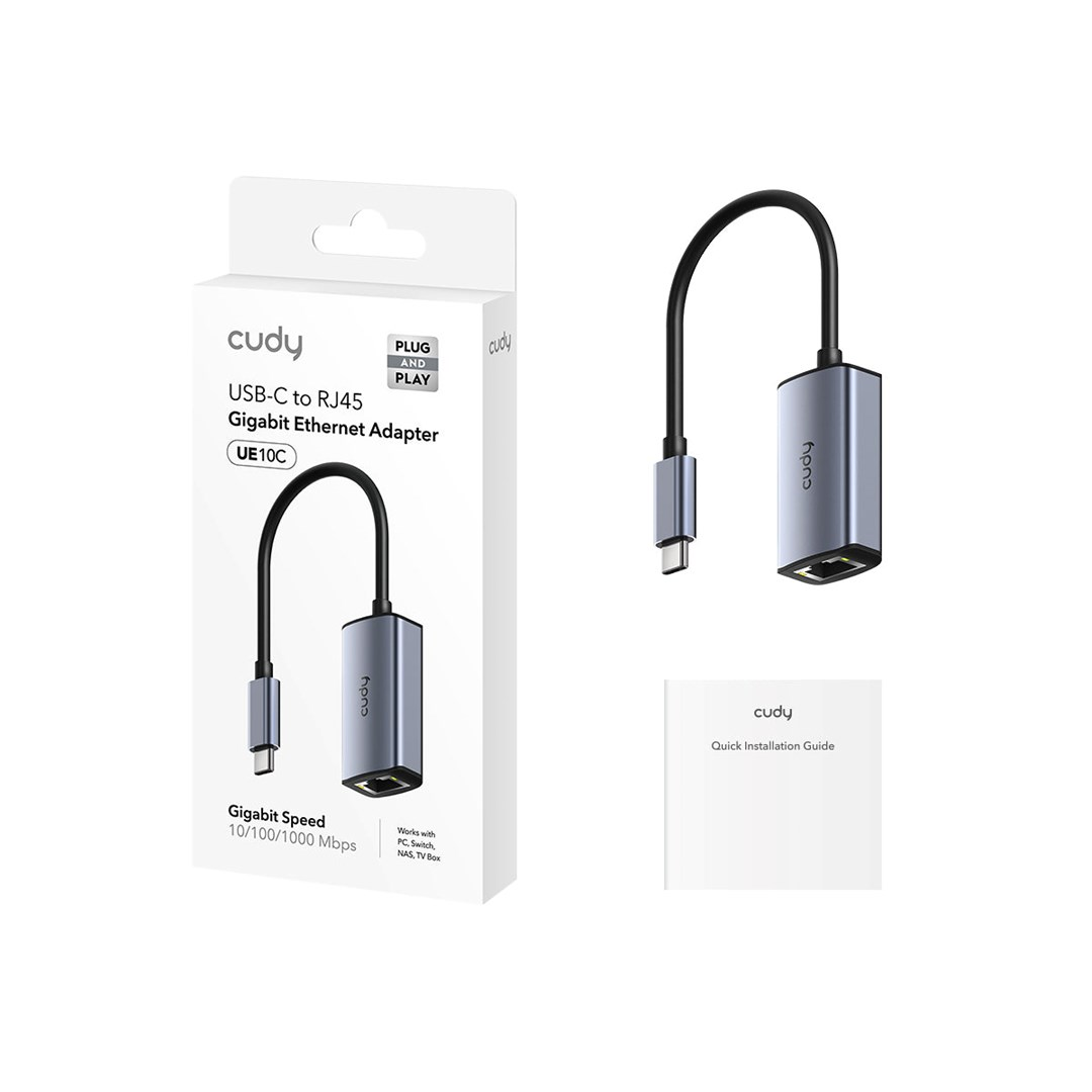 Adapter Cudy USB-C do RJ45 Gigabit Ethernet z kablem i instrukcją.