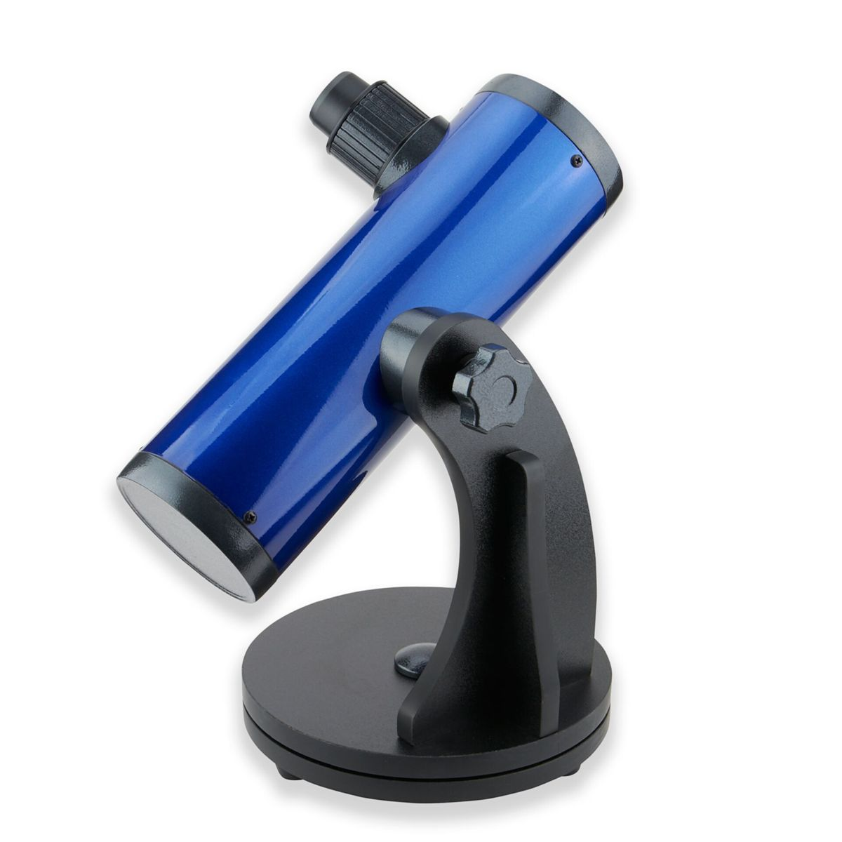 Ein blauer Teleskoptubus auf einer schwarzen Halterung und Basis.
