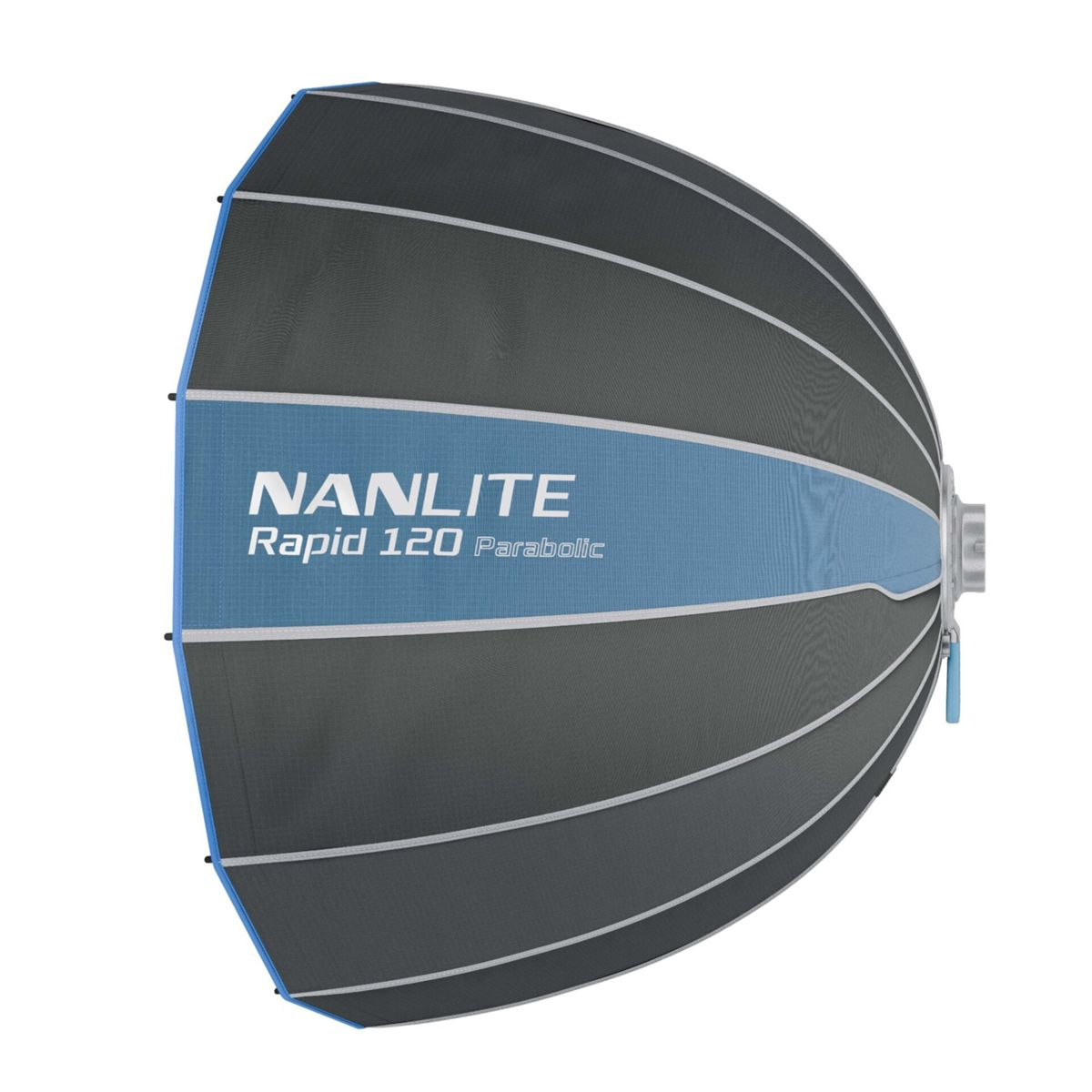 Une softbox parabolique Nanlite Rapid 120 grise avec des accents bleus.