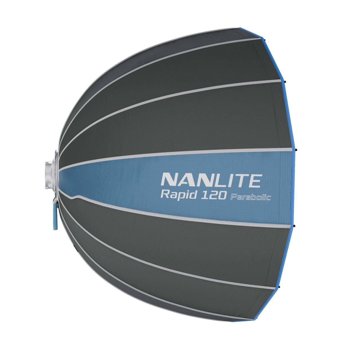 Un softbox parabolique Nanlite Rapid 120 gris et bleu avec lignes blanches.