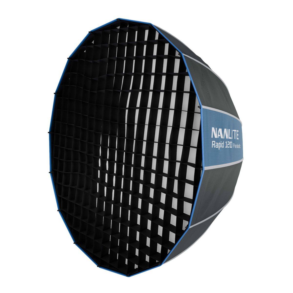 Un diffuseur de softbox parabolique octogonal avec grille noire et bordure bleue.