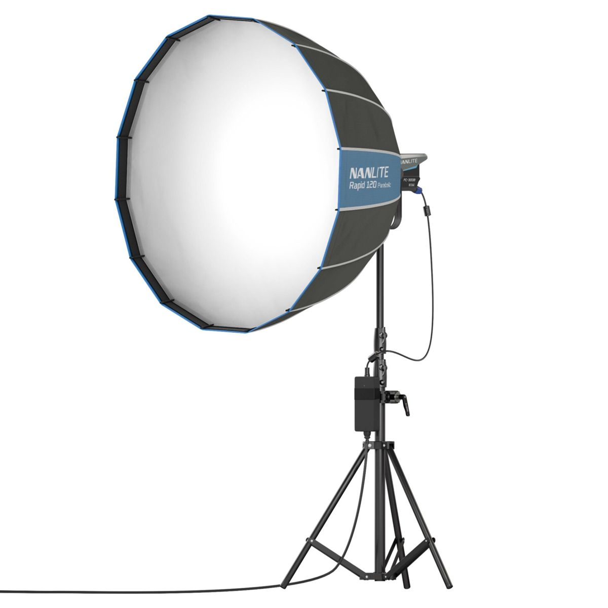 Un grand modificateur de lumière softbox octogonal est sur un trépied.