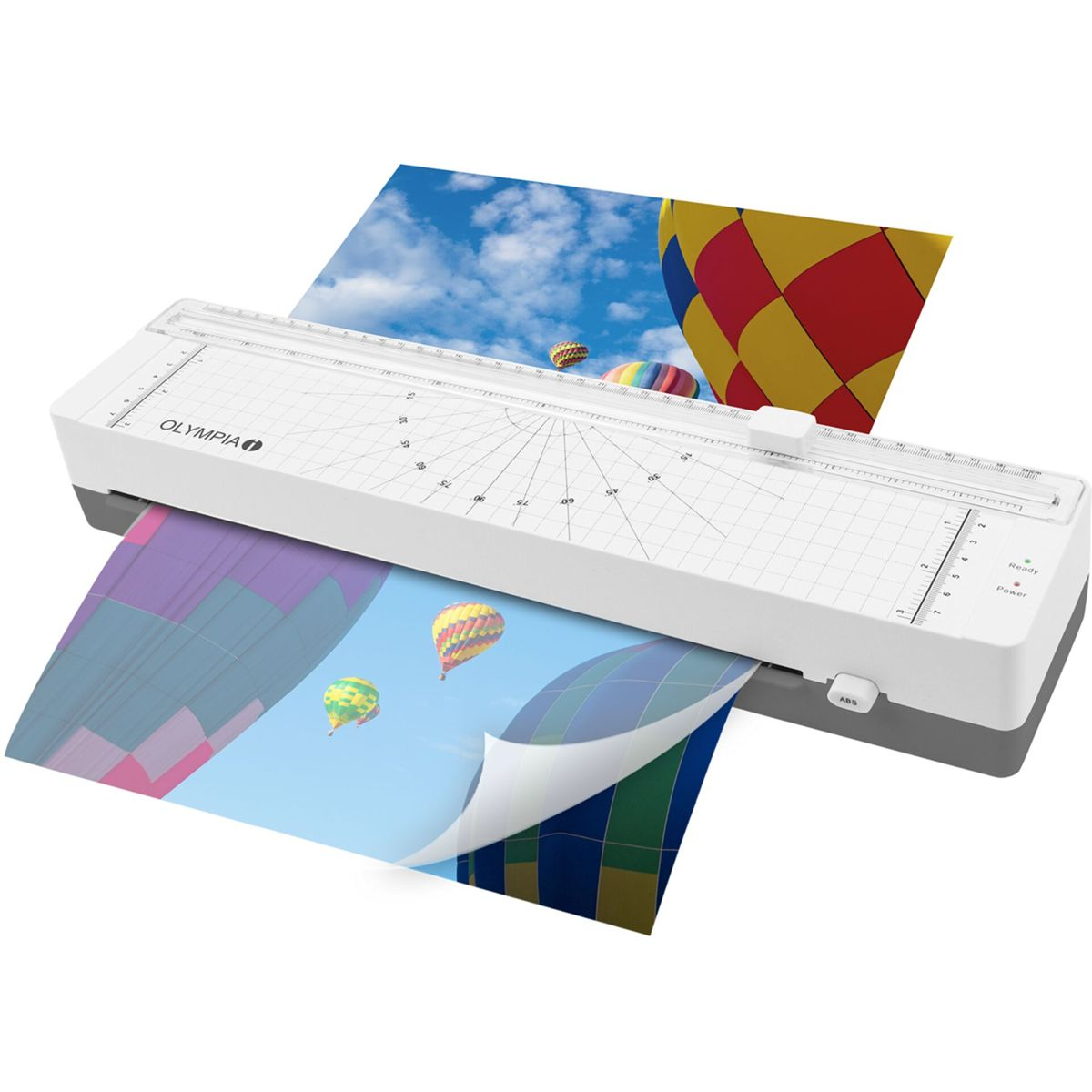 Ein weißer Aktenlaminator mit Bildern von Heißluftballons auf Papier.