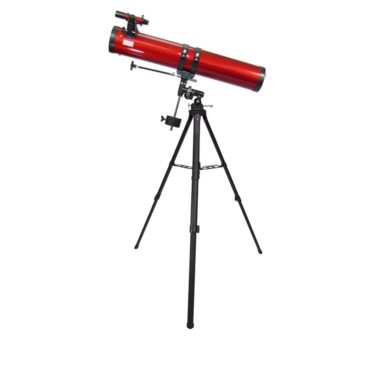 Ein rotes Teleskop auf einem schwarzen Stativ.