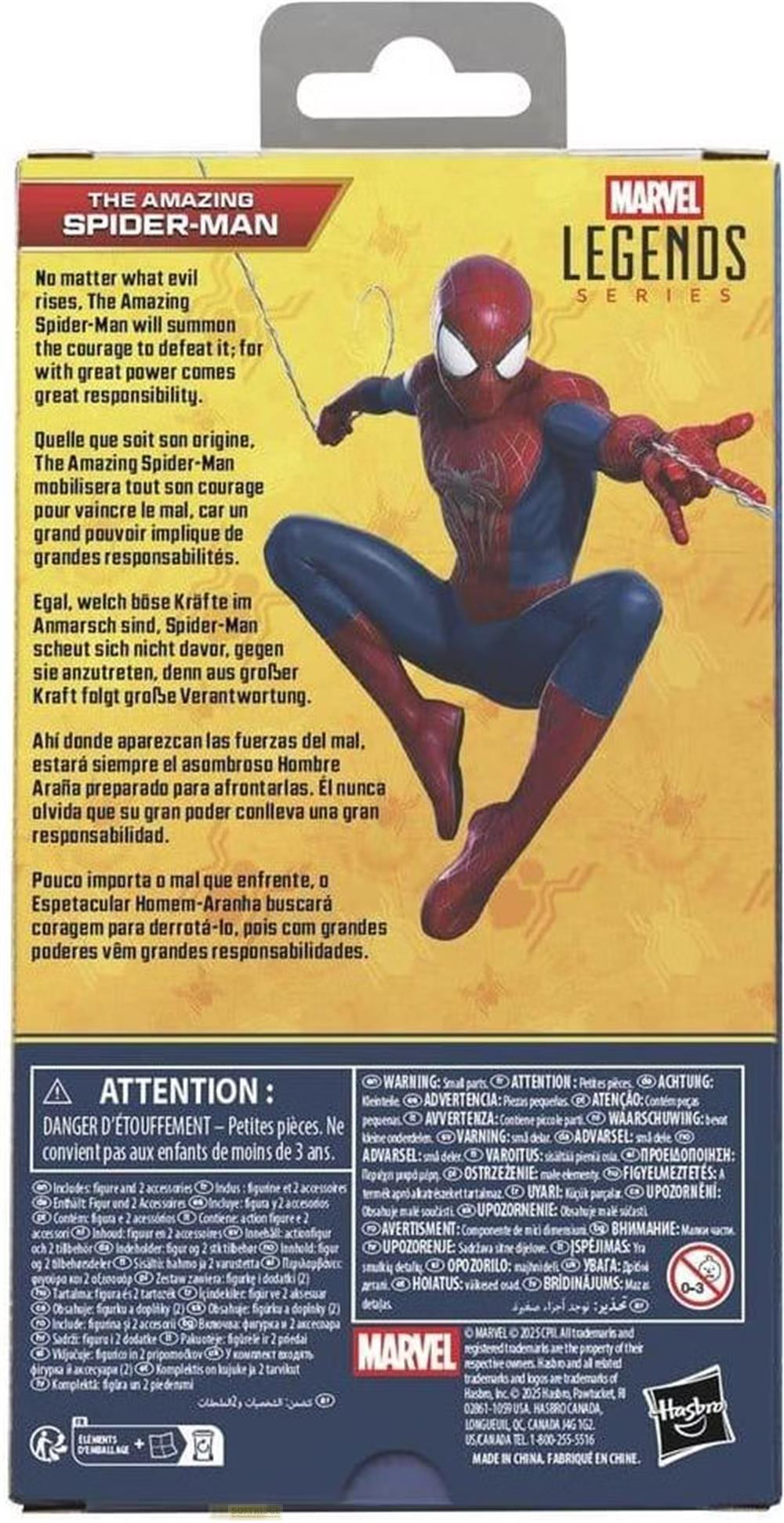 Figura de acción de Spider-Man con traje rojo y azul, detalles de telaraña en el empaque.