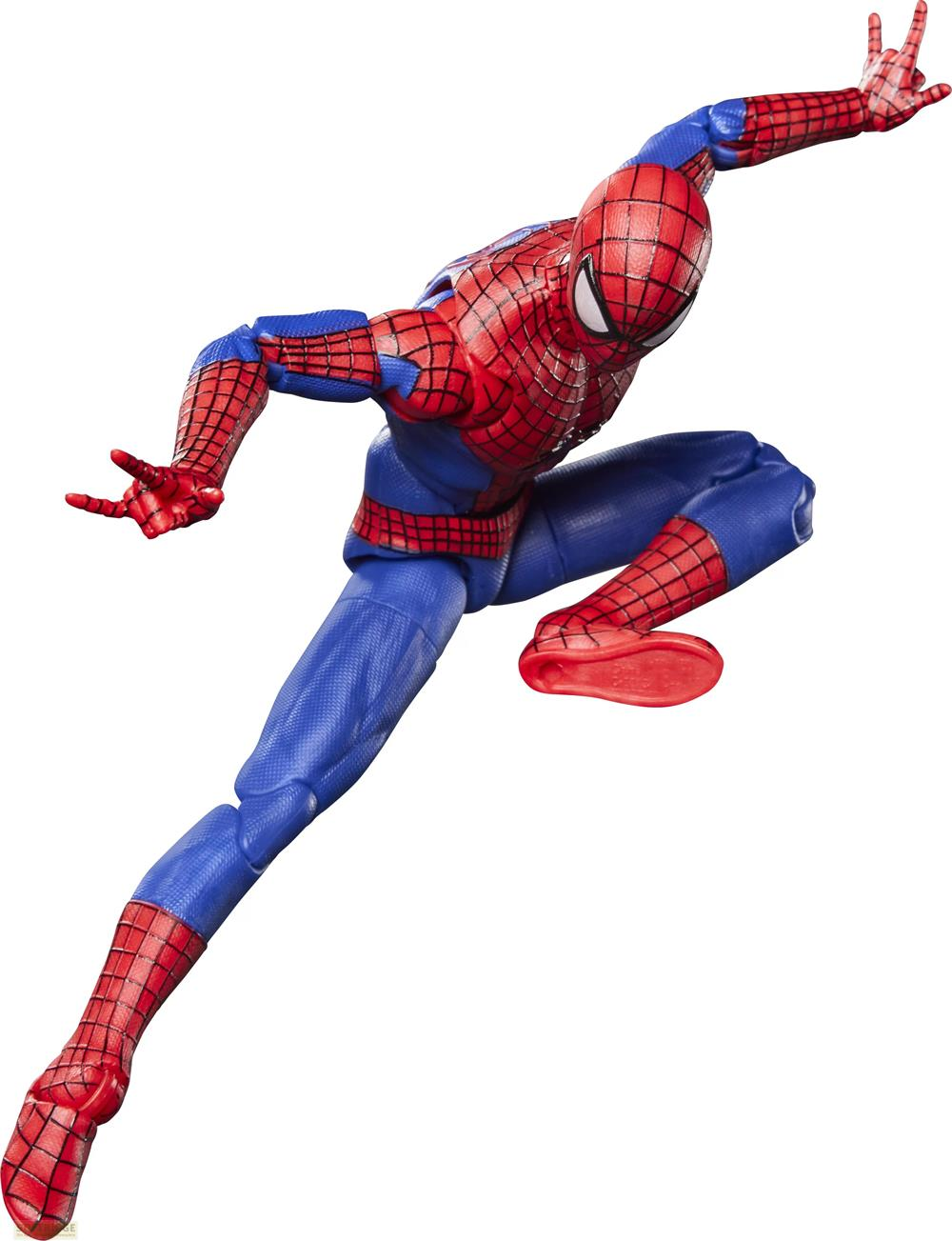 Spiderman en rojo y azul, saltando con los brazos extendidos.
