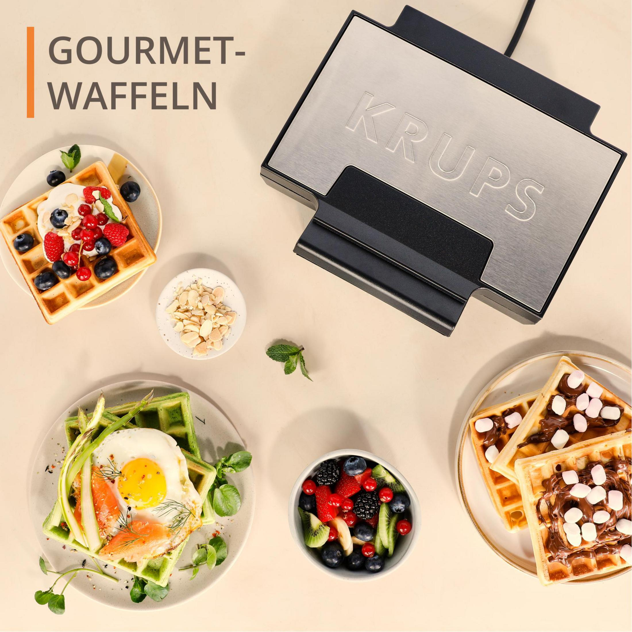 Waffeliera Krups con tre varianti e frutta.
